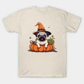 -Halloween pug in orange witch hat shirt