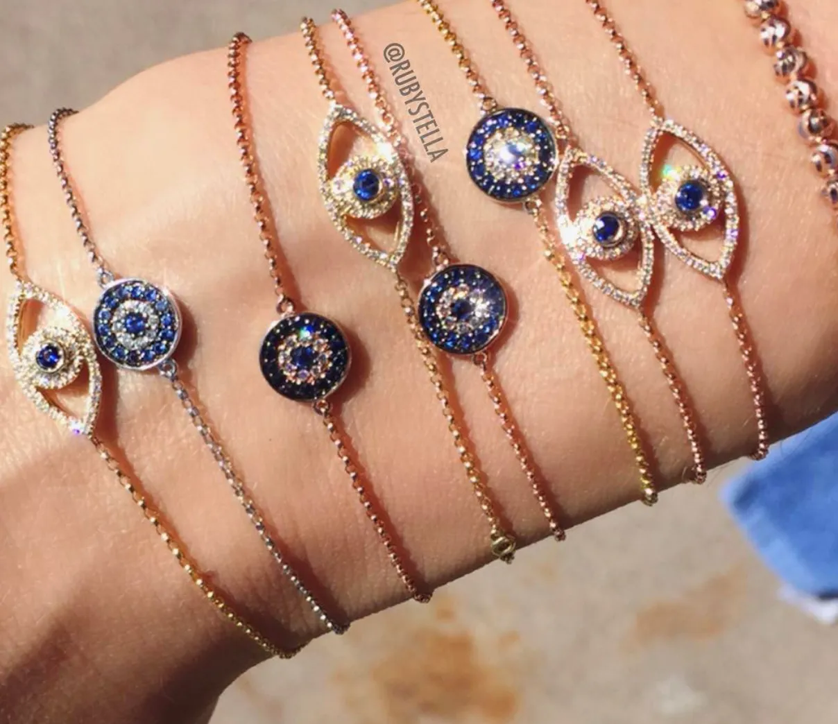 14K Gold Diamond Sapphire Evil Eye Disc Bracelet