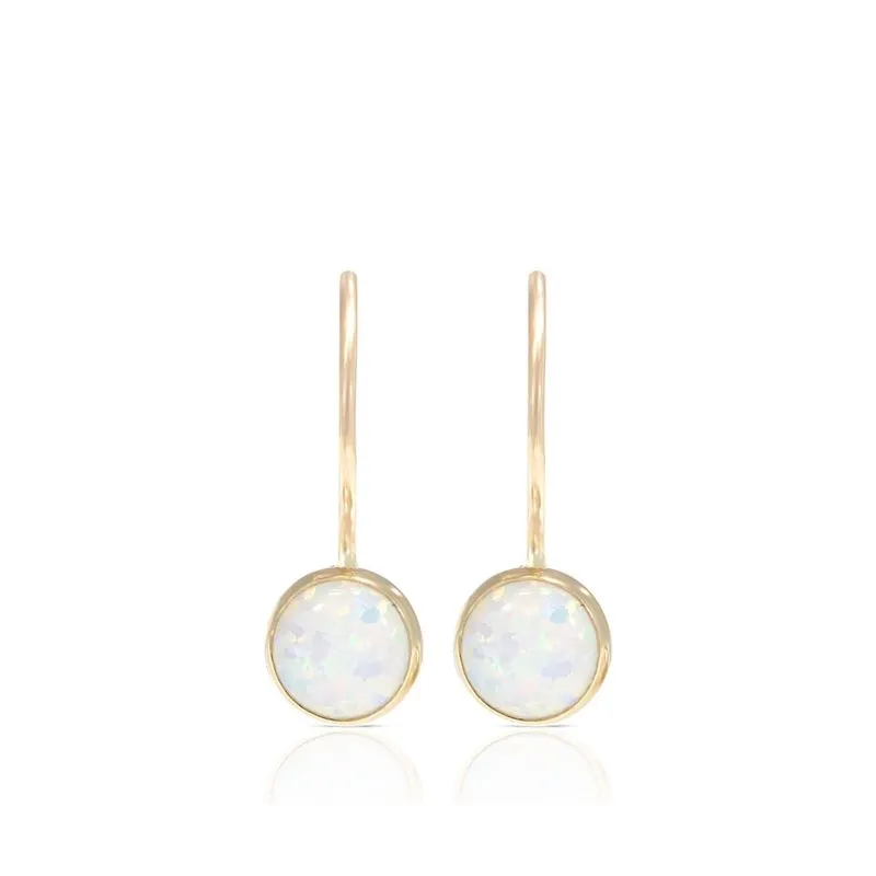 14K Yellow Gold Round White Opal 4mm Dangle Earrings