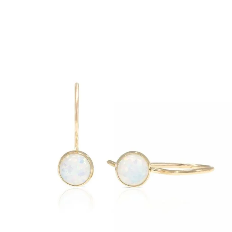 14K Yellow Gold Round White Opal 4mm Dangle Earrings