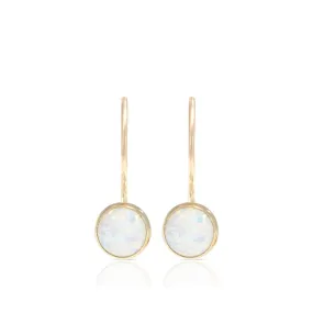 14K Yellow Gold Round White Opal 4mm Dangle Earrings