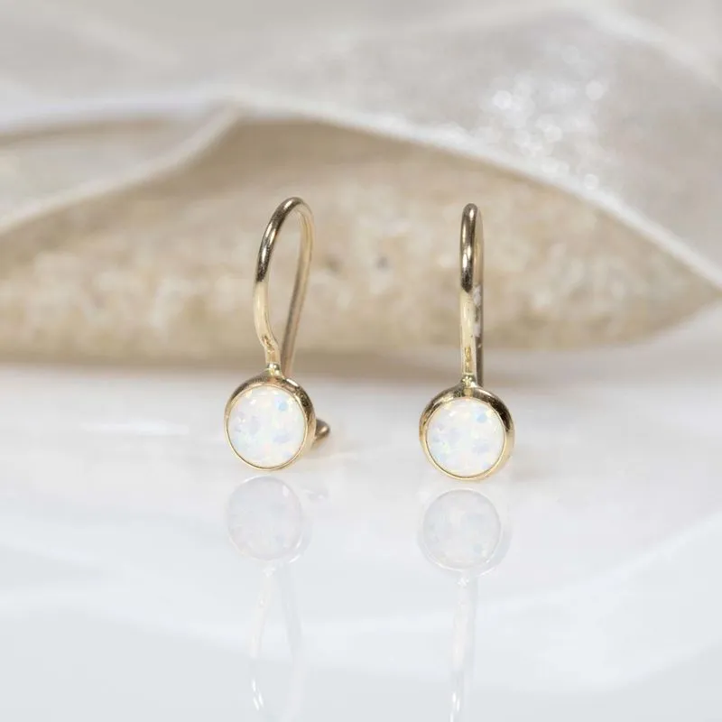 14K Yellow Gold Round White Opal 4mm Dangle Earrings