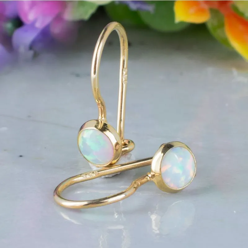 14K Yellow Gold Round White Opal 4mm Dangle Earrings