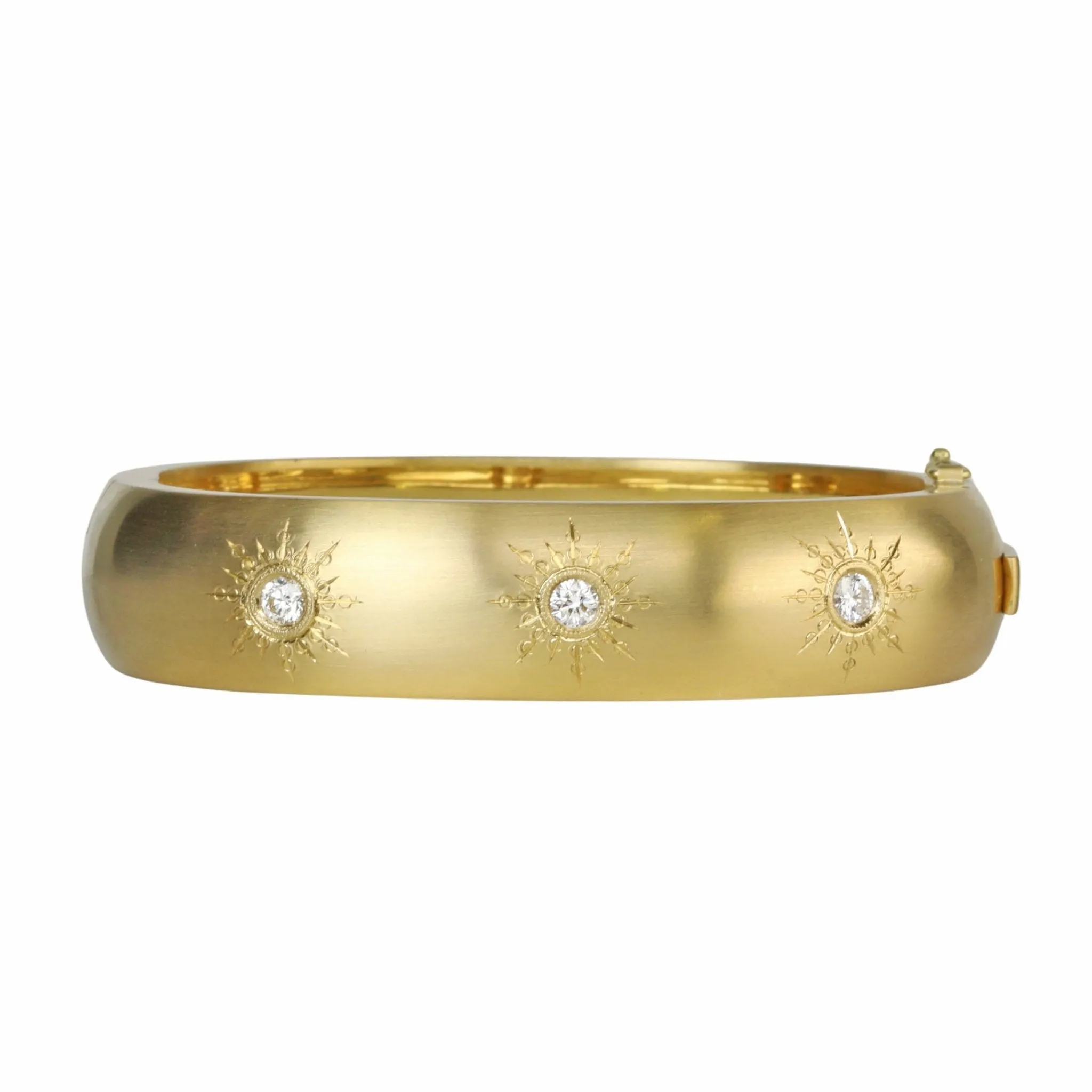 18K Gold Bombe Hinge Bracelet with Six Sunburst Diamonds