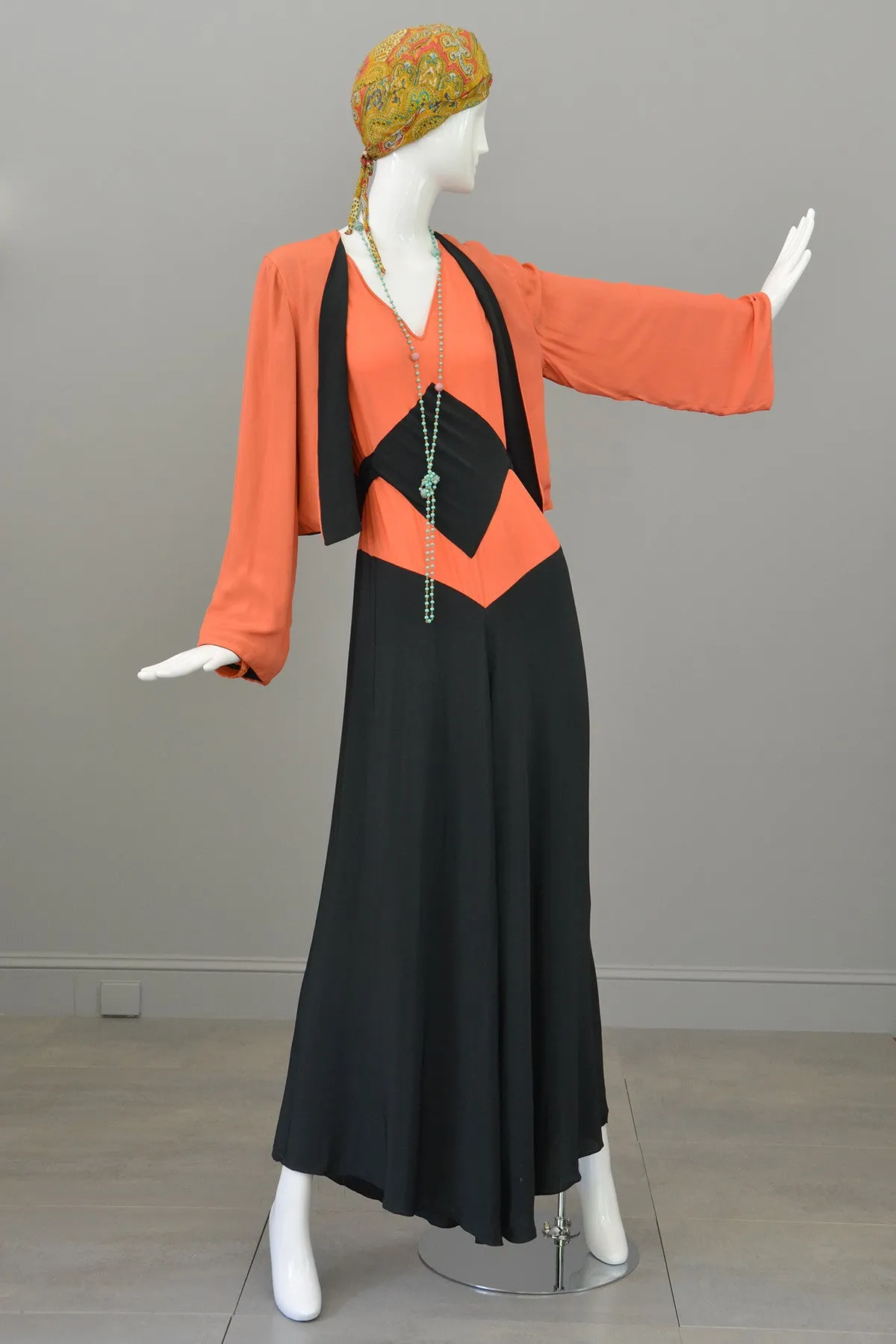 1930s Deco Orange Black Two Piece Beach Pajama Set