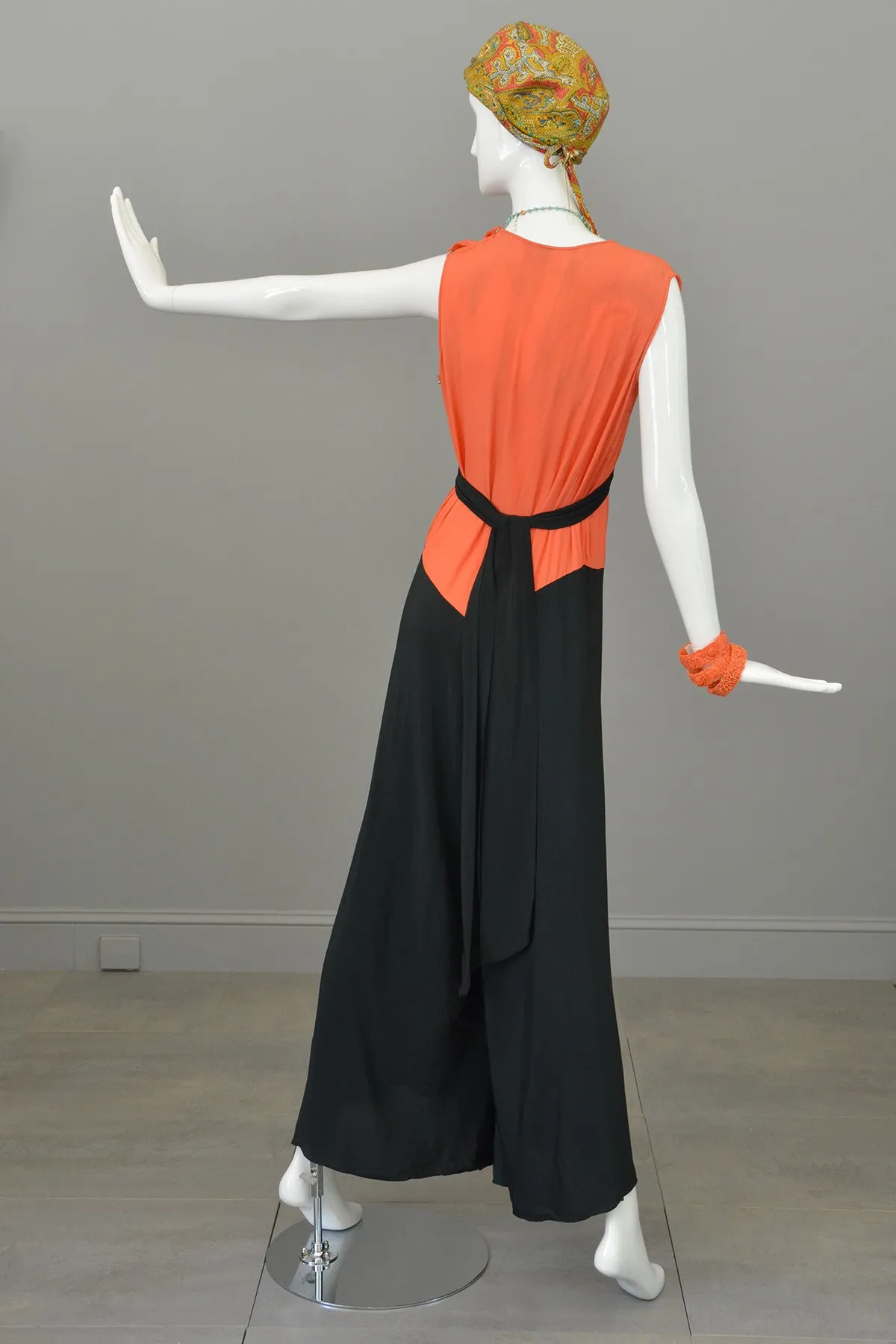 1930s Deco Orange Black Two Piece Beach Pajama Set