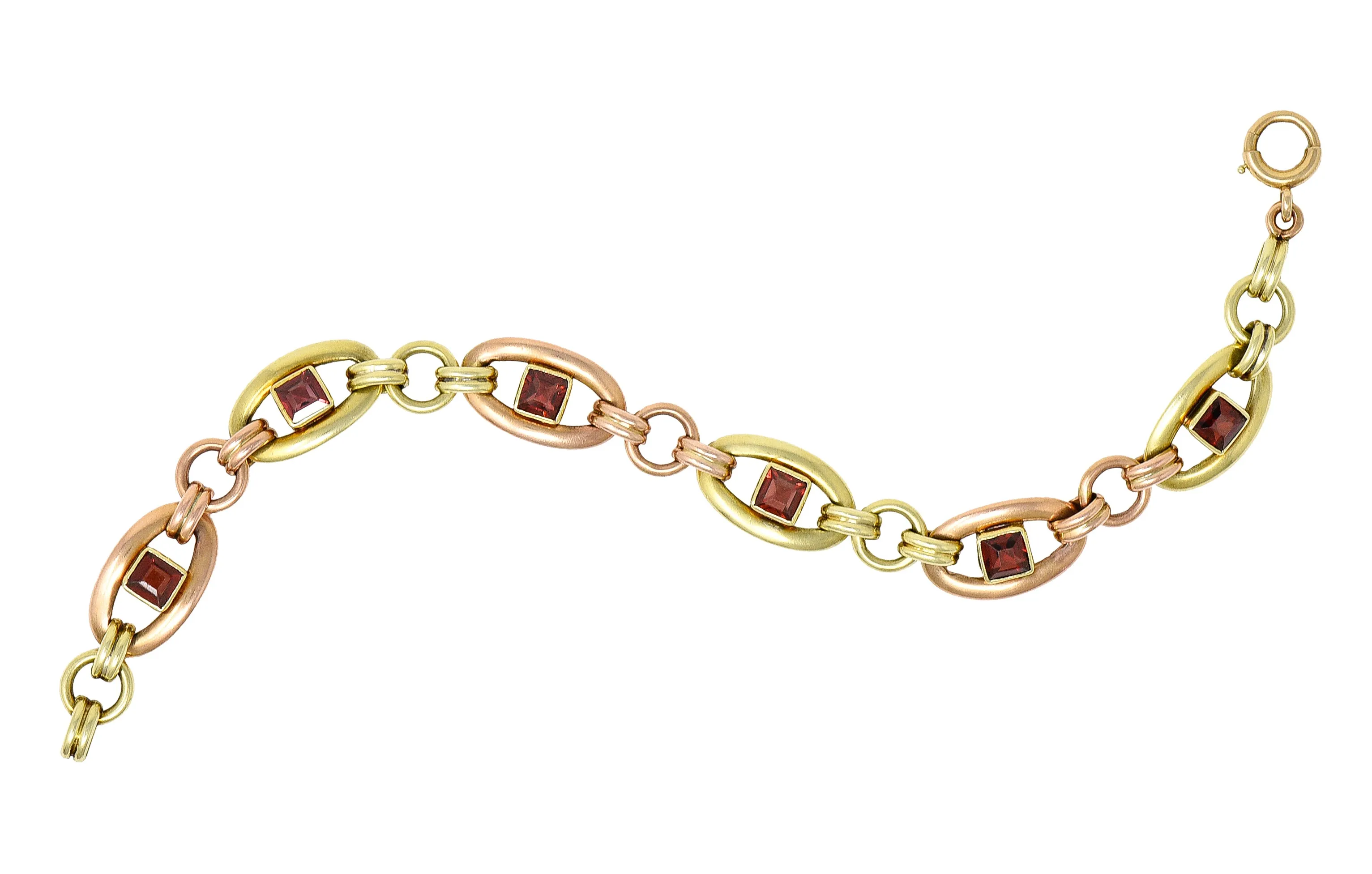 1940's Retro Garnet 14 Karat Two-Tone Gold Gemstone Link Bracelet