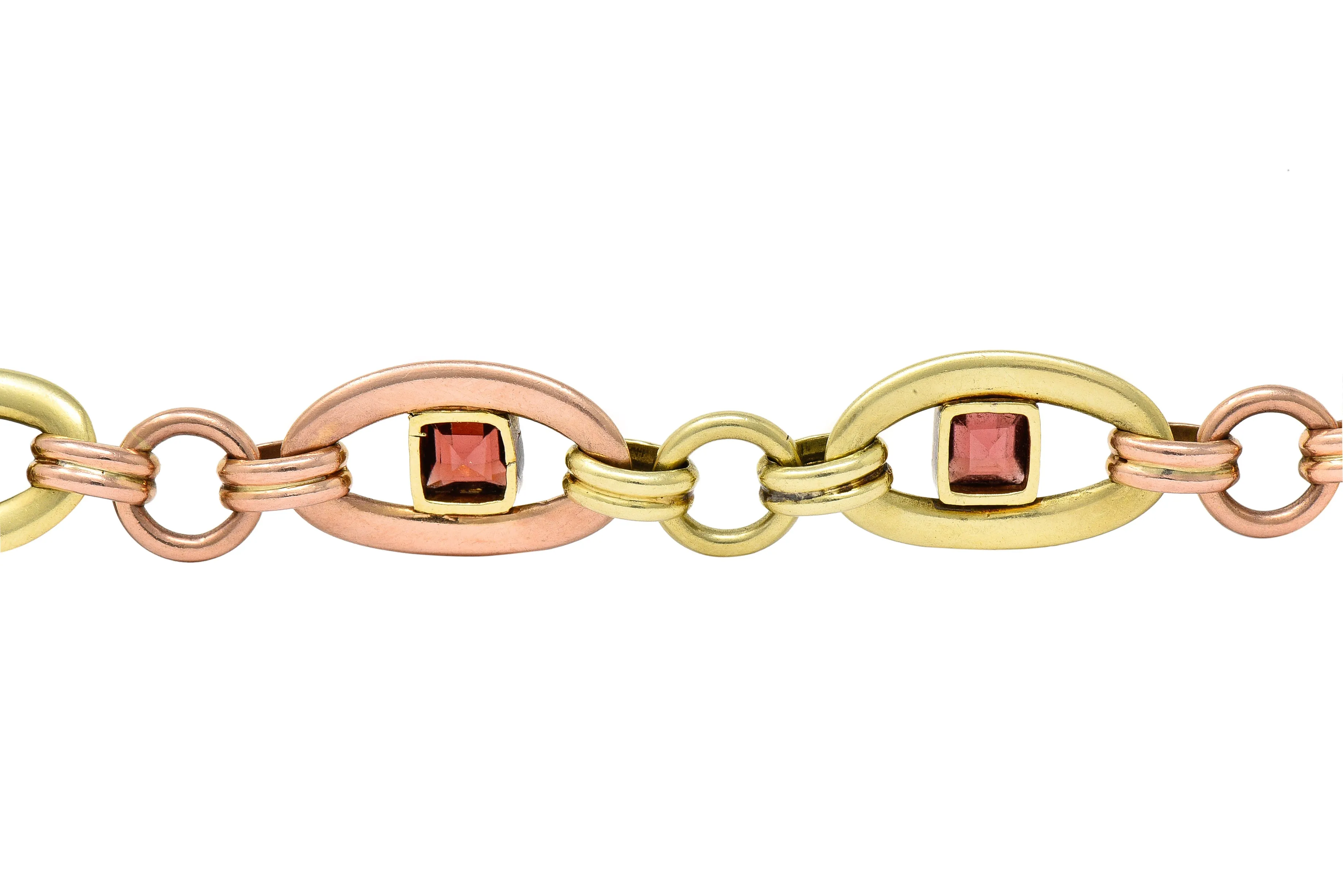 1940's Retro Garnet 14 Karat Two-Tone Gold Gemstone Link Bracelet