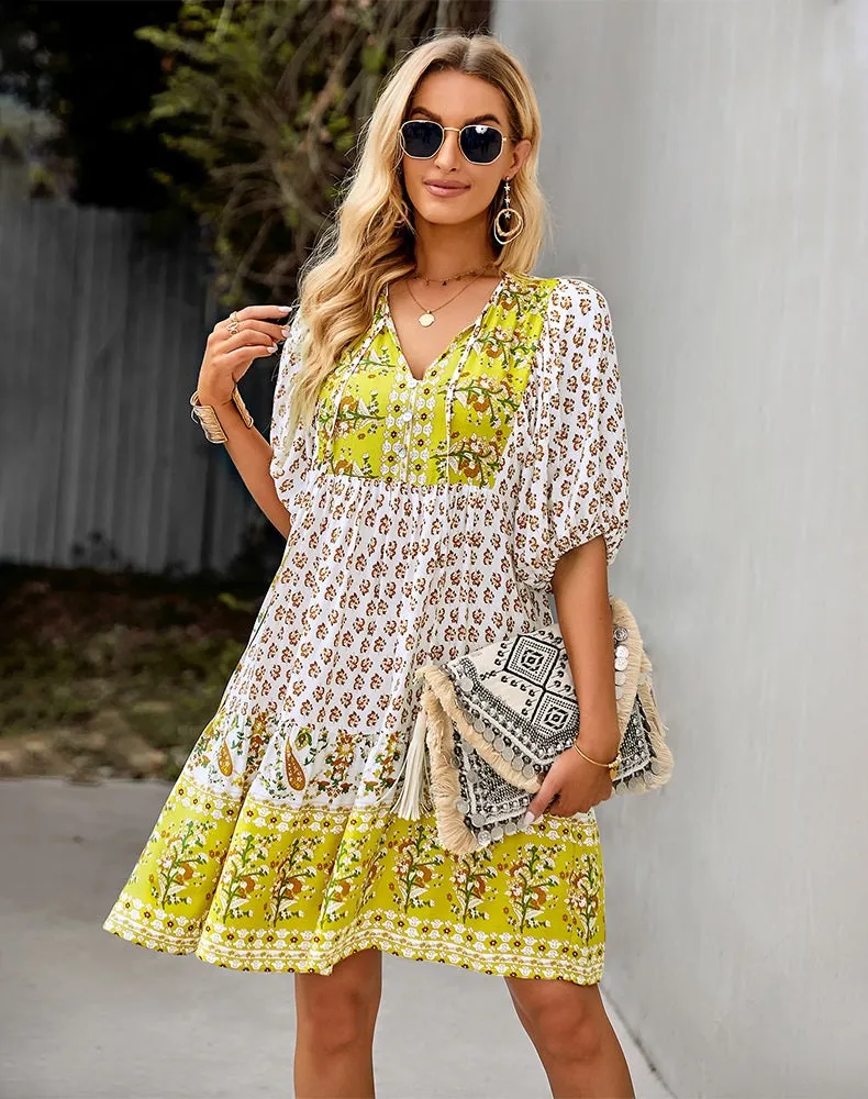 2023 Bohemian Mustard Yellow Floral Print Puffed Sleeve Dress (Size S to XL) available in 3 colors