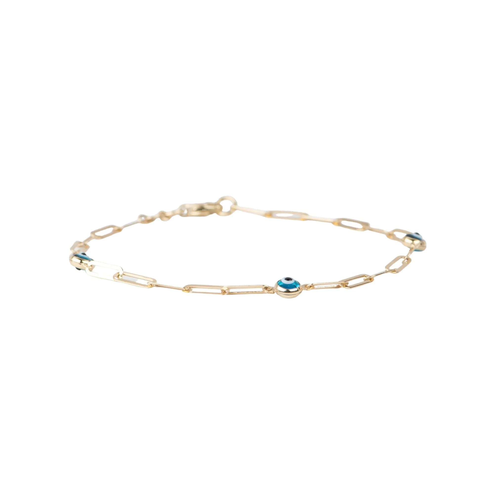 7.25 14K Gold Evil Eye & Paperclip Link Bracelet R2080