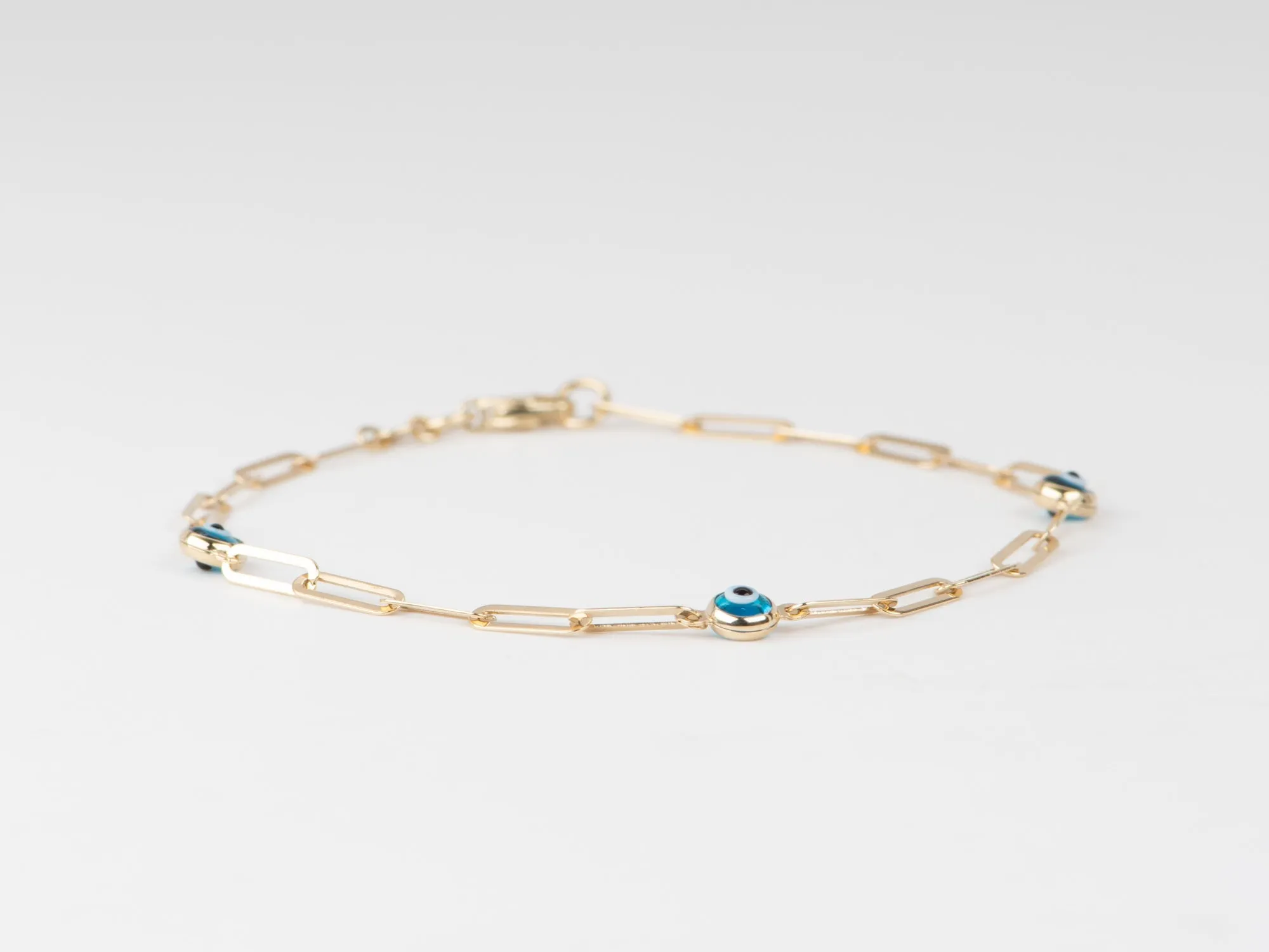 7.25 14K Gold Evil Eye & Paperclip Link Bracelet R2080