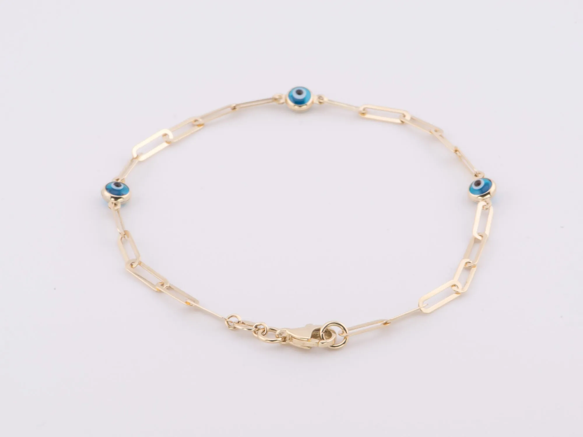 7.25 14K Gold Evil Eye & Paperclip Link Bracelet R2080