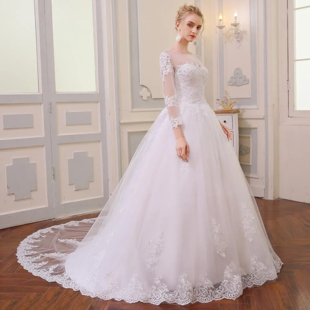 A-Line Vintage Long Sleeve Wedding Gown Bridal Dress with Lace