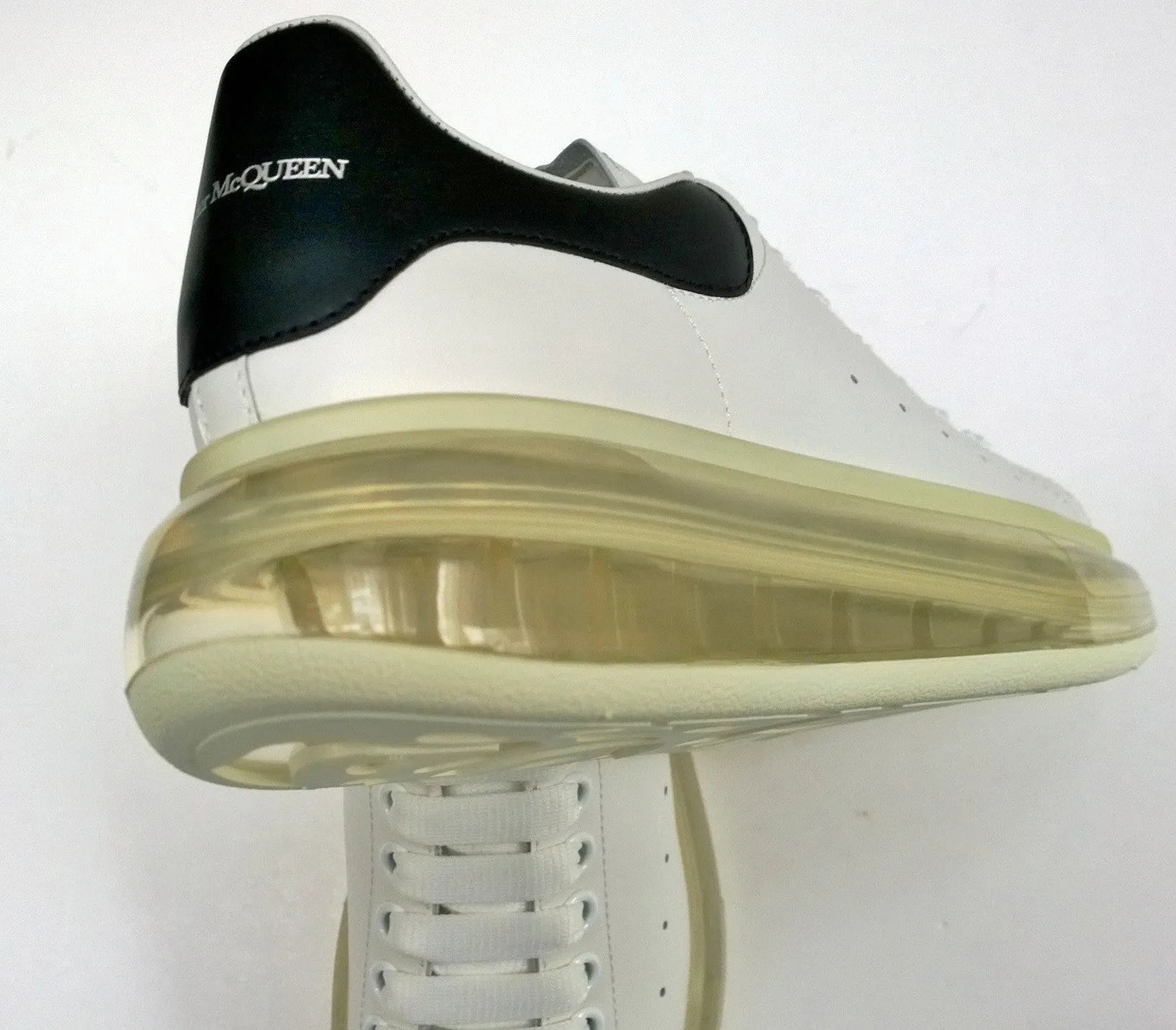 Alexander McQueen Oversized Transparent Sole Sneakers in White Leather with Black Detail New