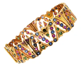 Art Deco 12.45 CTW Sapphire Ruby Emerald Pearl 14 Karat Gold Bracelet