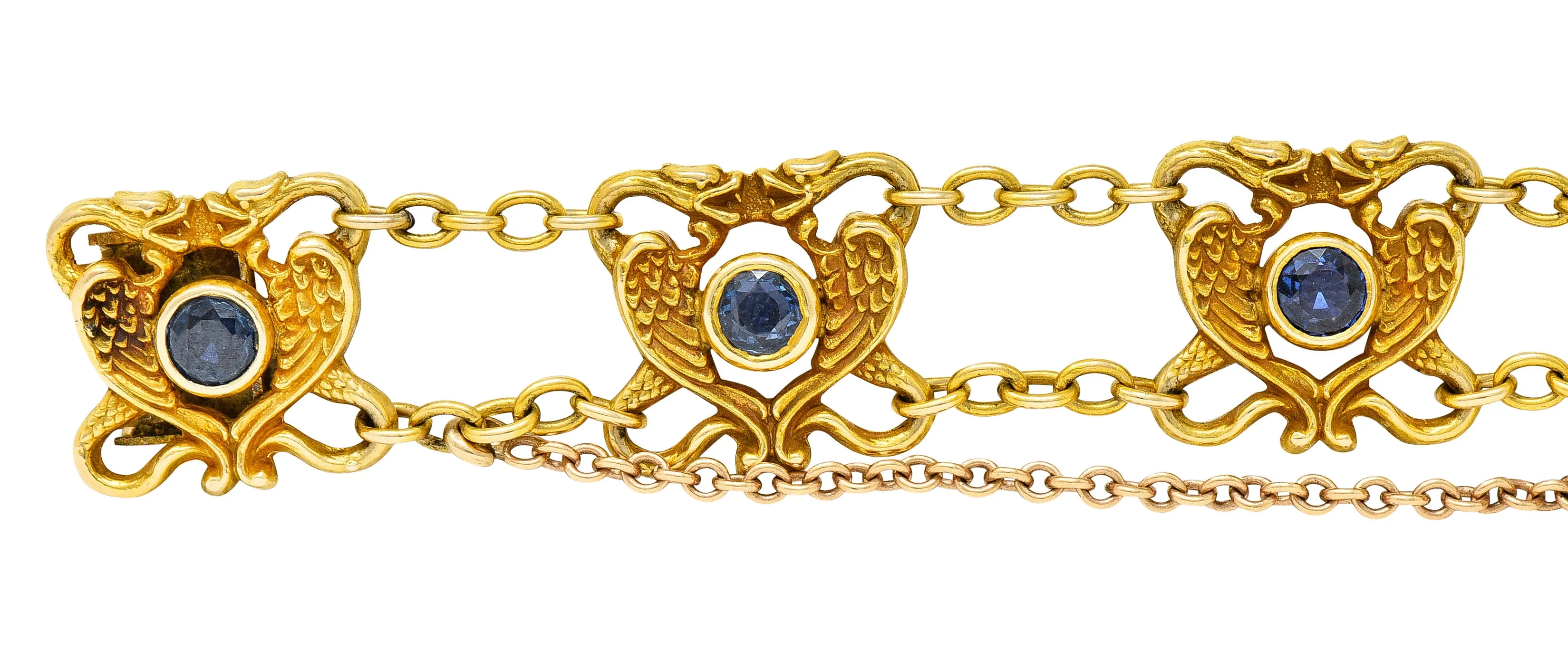 Art Nouveau 2.25 CTW Sapphire 18 Karat Yellow Gold Serpent Dragon Link Bracelet