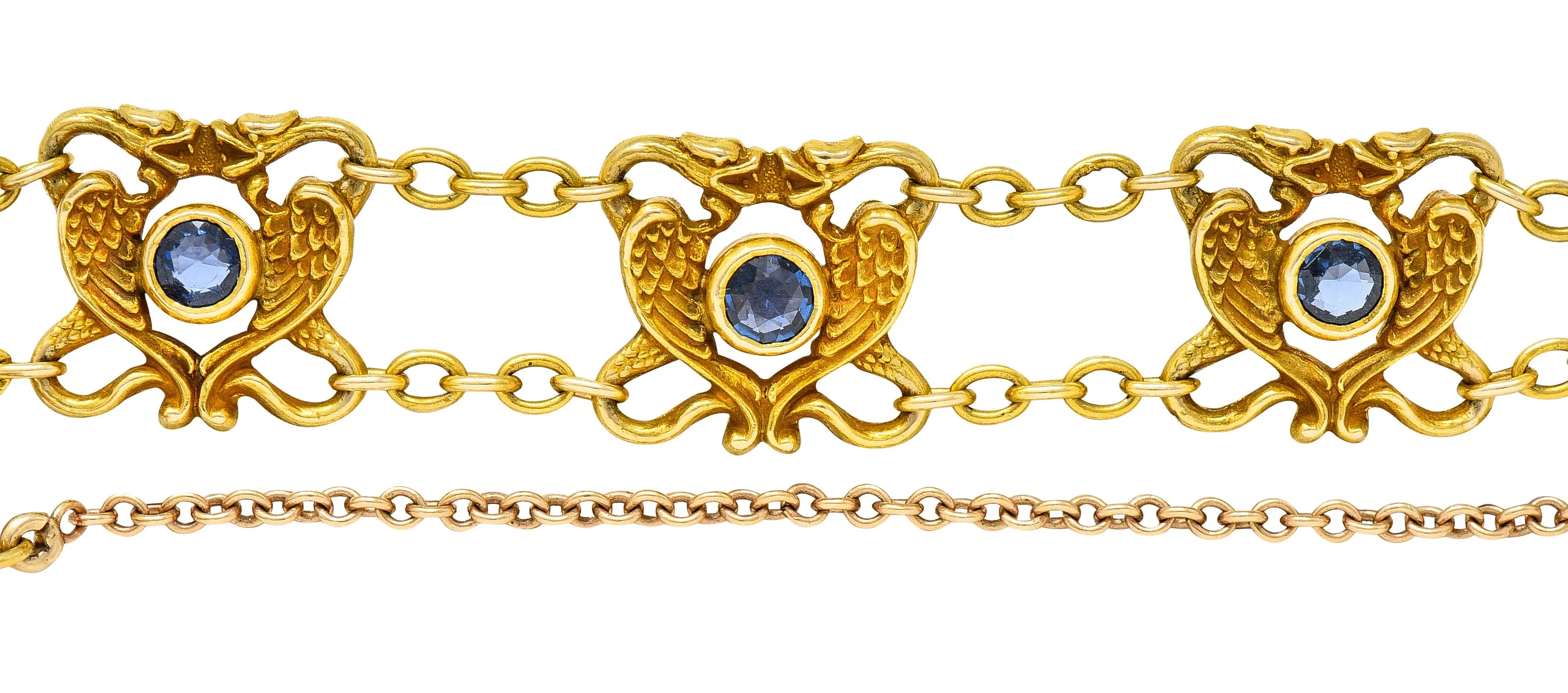 Art Nouveau 2.25 CTW Sapphire 18 Karat Yellow Gold Serpent Dragon Link Bracelet