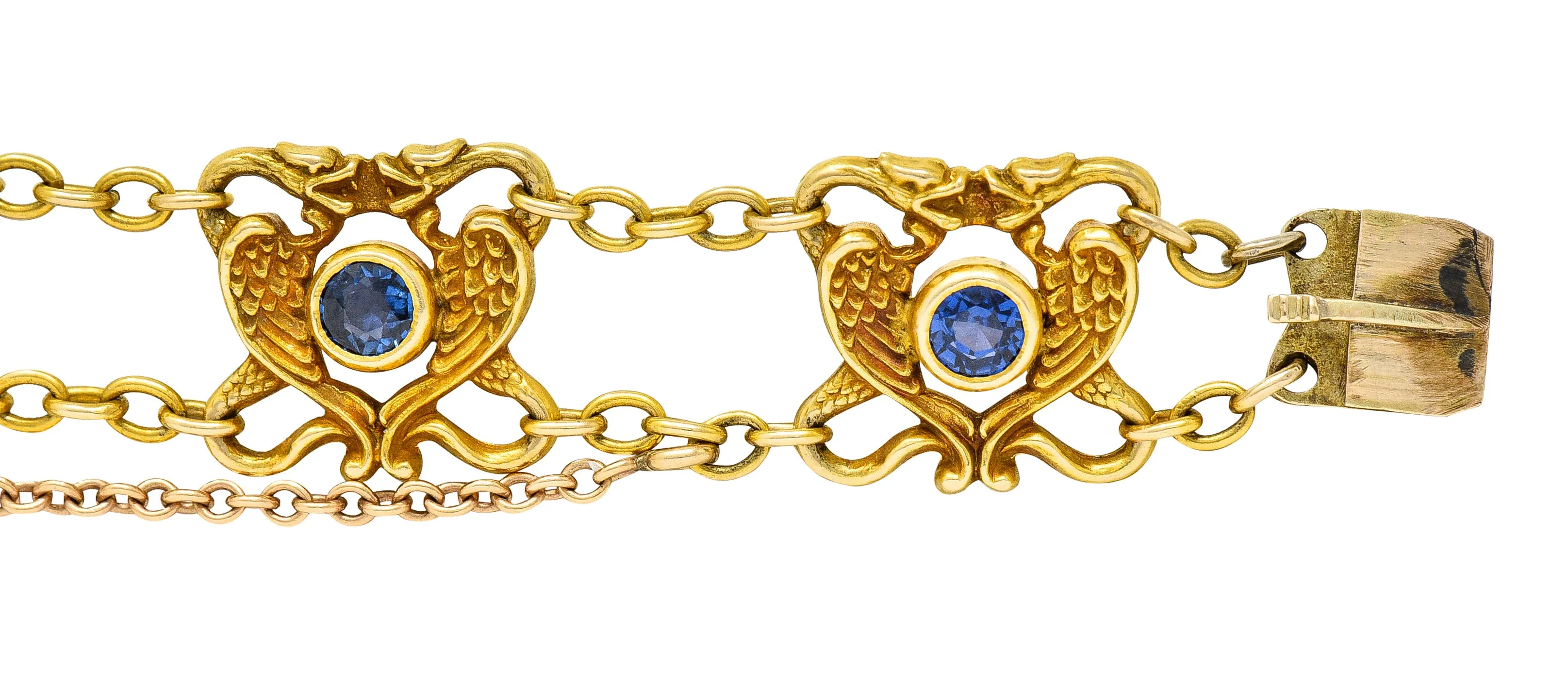 Art Nouveau 2.25 CTW Sapphire 18 Karat Yellow Gold Serpent Dragon Link Bracelet