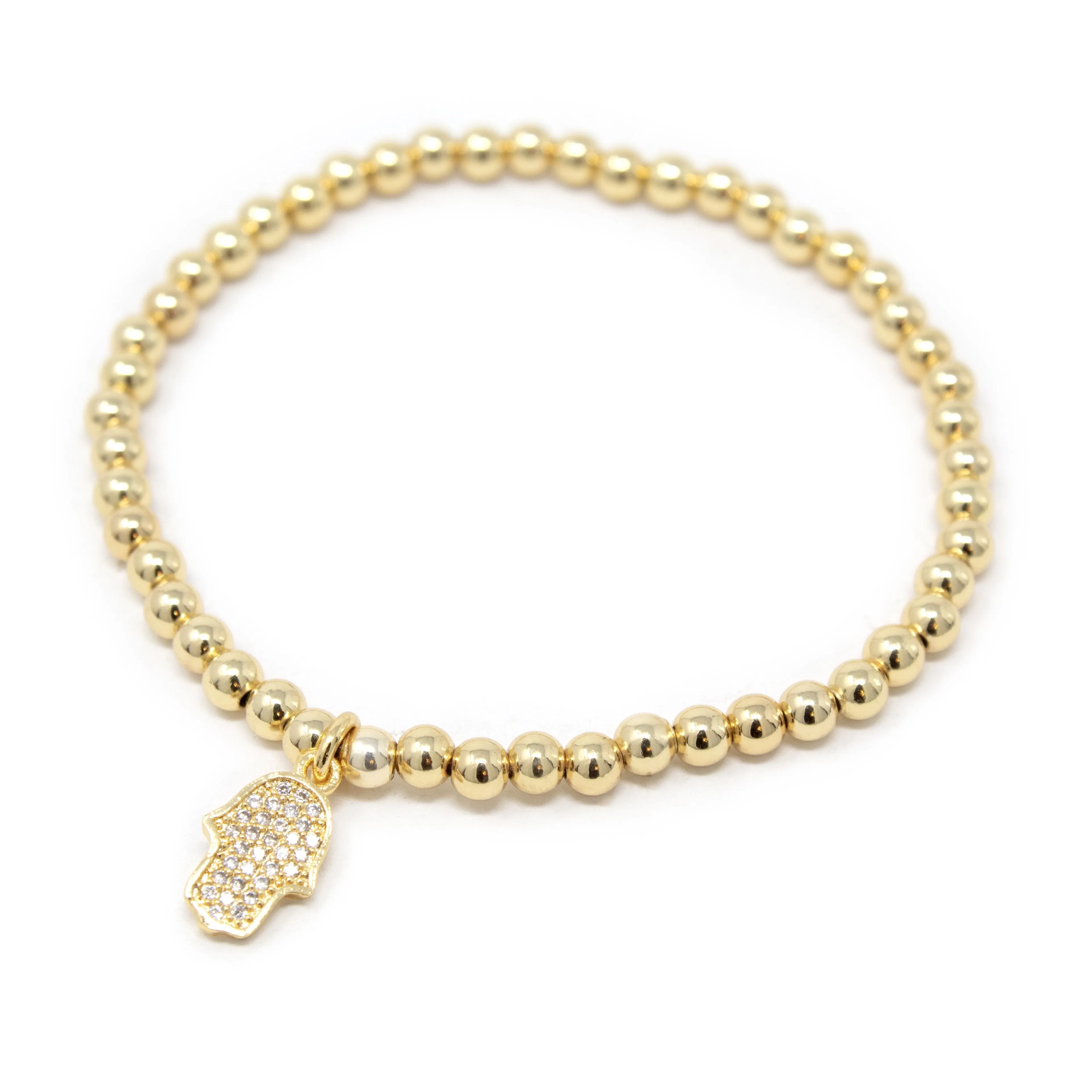 Beaded Stretch Pave Hamsa Hand Bracelet Gold T