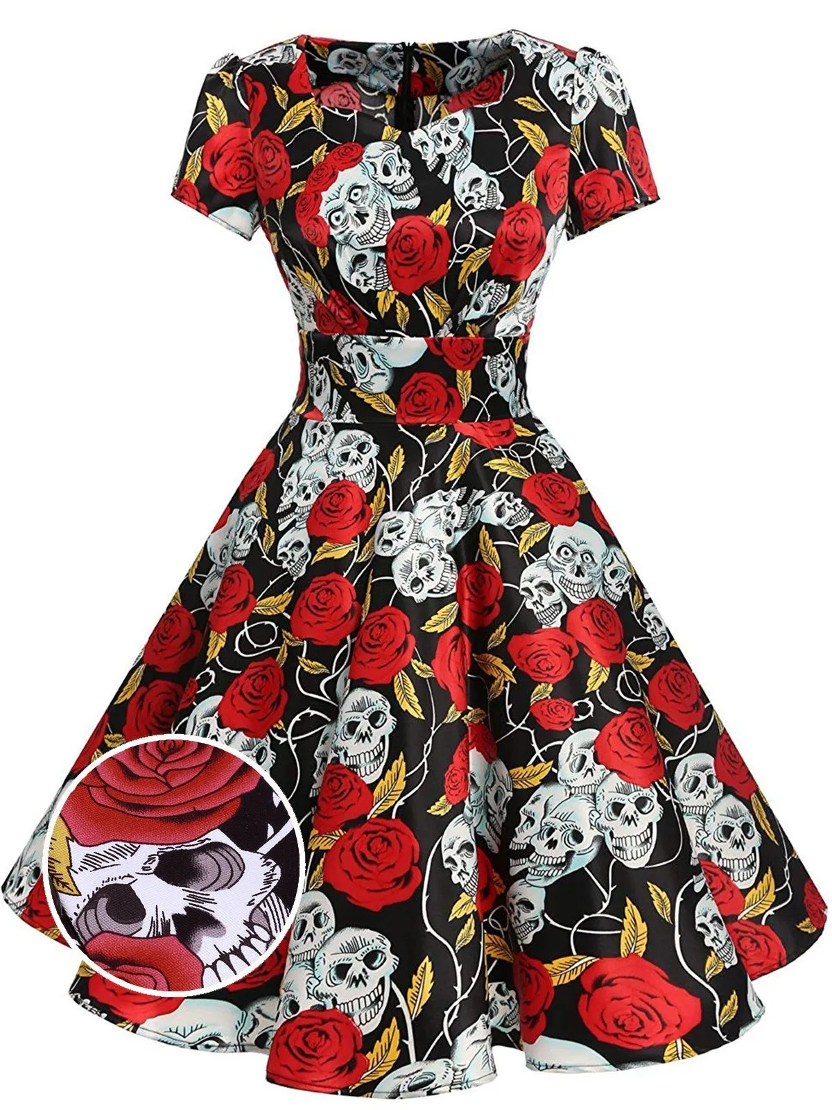 Black 1950s Halloween Rose Skull Dress