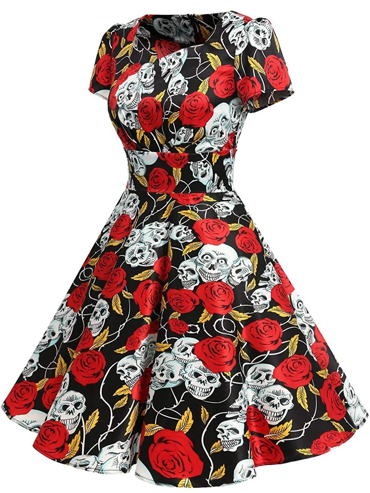 Black 1950s Halloween Rose Skull Dress