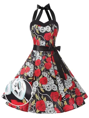 Black 1950s Rose Skull Halloween Dress