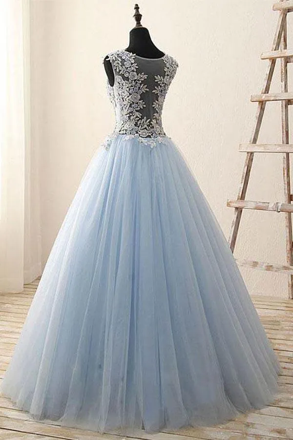 Blue Tulle Long Prom Dresses, Lace Party Gowns, Tulle Gowns