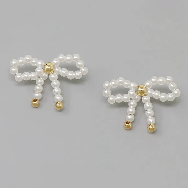 Bow Ribbon Pearl Beaded Stud Earrings