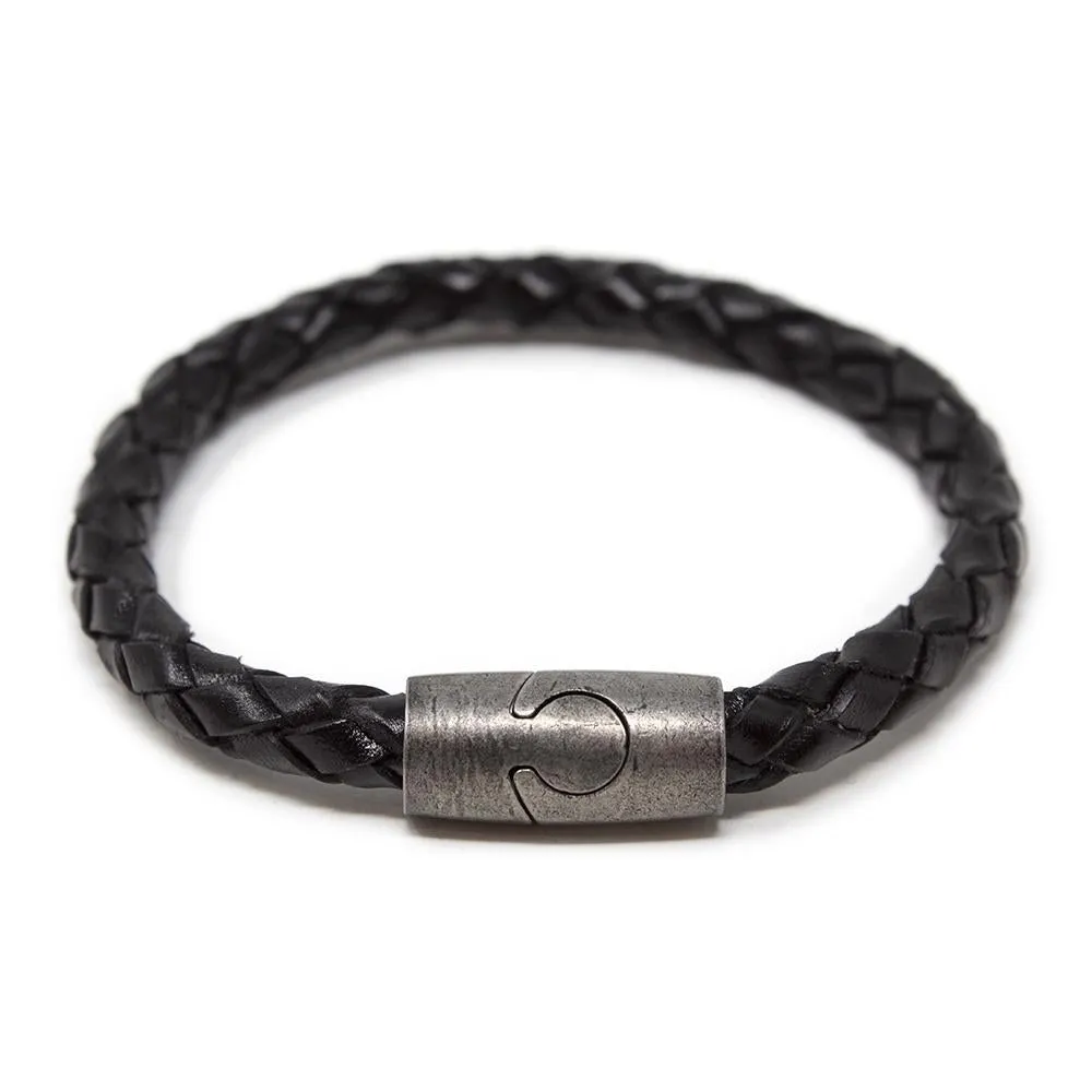 Braided Leather Bracelet with Puzzle Clasp Black Large