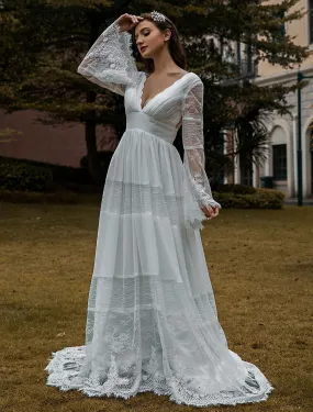 Bridal Gowns Boho Wedding Dress Long Sleeves Lace V-Neck Lace Chiffon Wedding Gowns