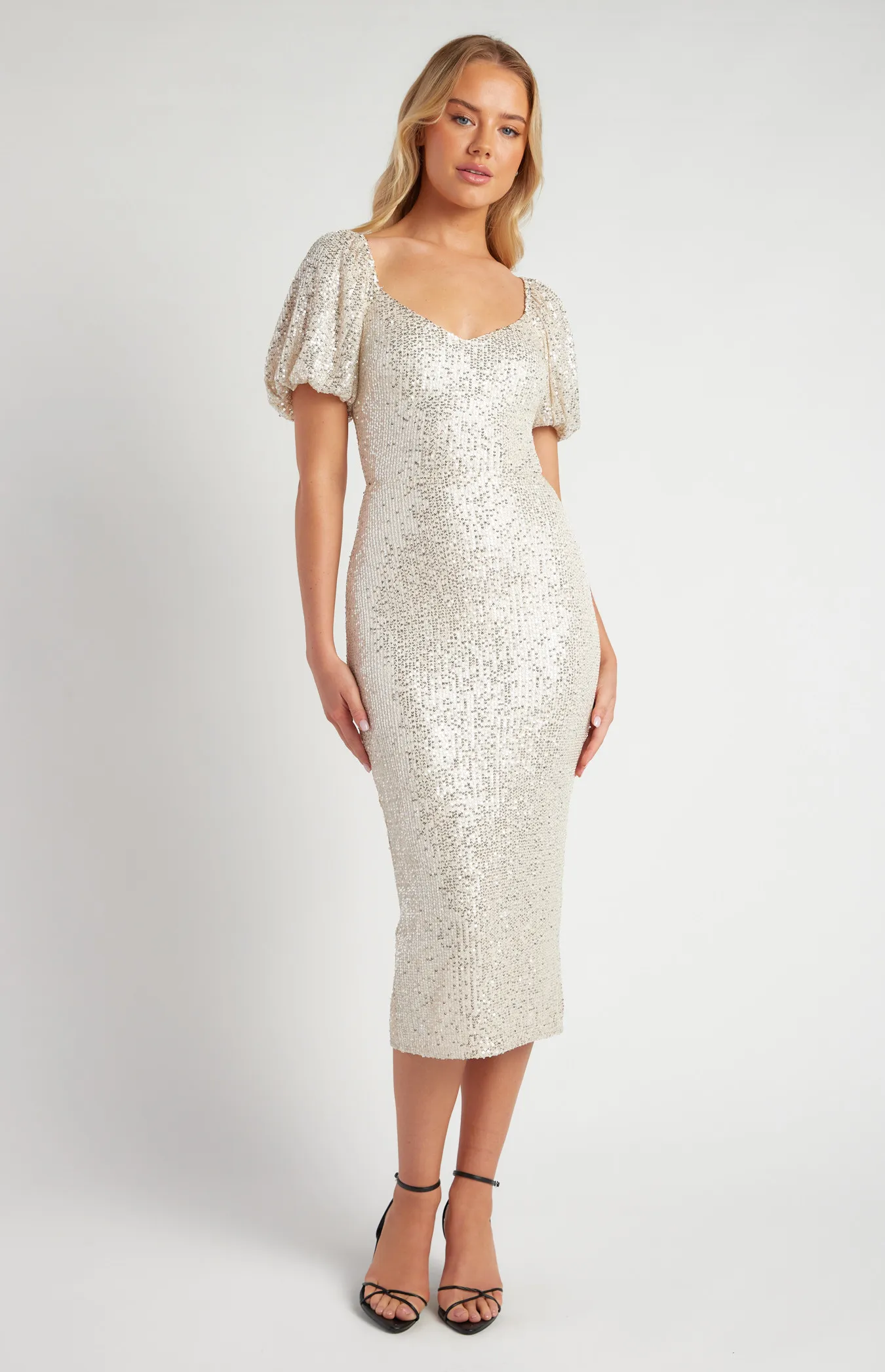 Bubble Sleeve Sequin Midi Dress (SDR1662A)