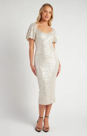 Bubble Sleeve Sequin Midi Dress (SDR1662A)