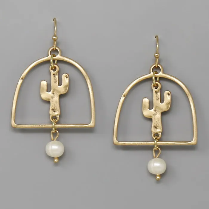 Cactus And Pearl Charm Hammered Metal Earrings