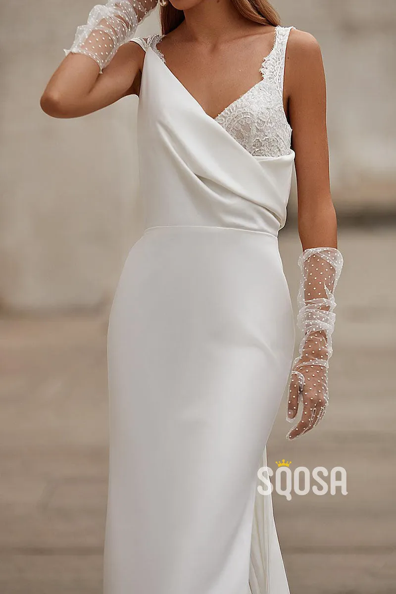 Chic Satin Fitted V-Neck Spaghetti Straps Lace Applique Wedding Dress QW8185