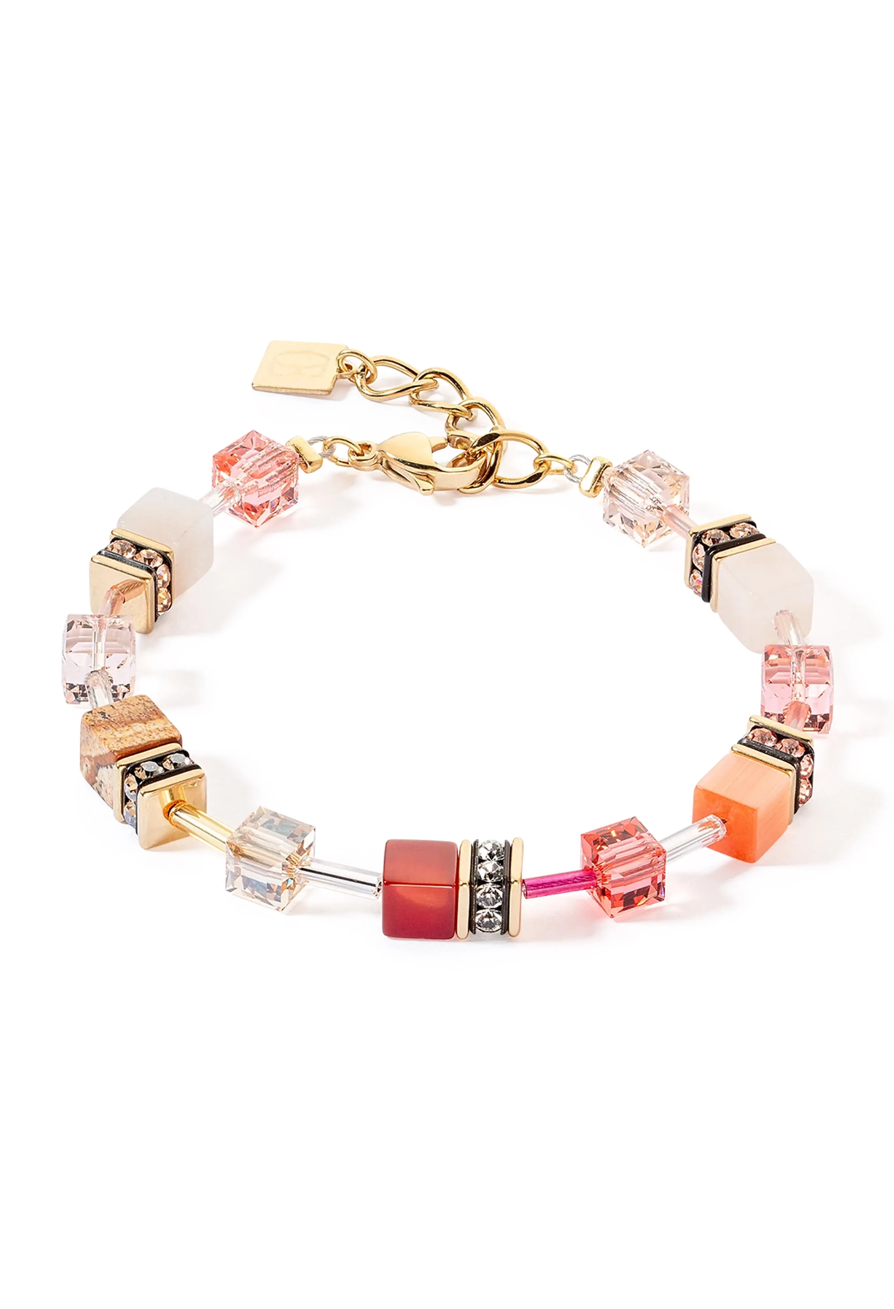 Coeur De Lion GeoCube Cornelian, Pink Aventurine & Jasper Bracelet Gold Plated