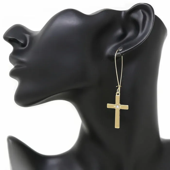 Cross Charm Long Hook Earrings