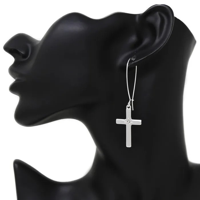 Cross Charm Long Hook Earrings