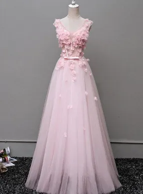 Cute V-neckline Floral and Tulle Long Formal Gowns, Evening Gowns, Party Dress