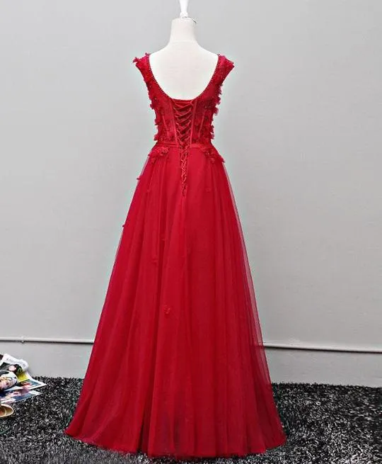 Cute V-neckline Floral and Tulle Long Formal Gowns, Evening Gowns, Party Dress