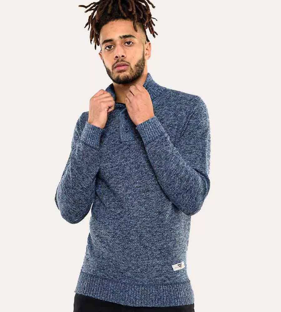 D555 Mens Blue Twisted Yarn Sweater With Zipper & Button Neck (WILMINGTON)