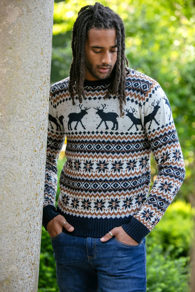 D555 Mens Christmas Jumper With Reindeer Design (ANTLER)