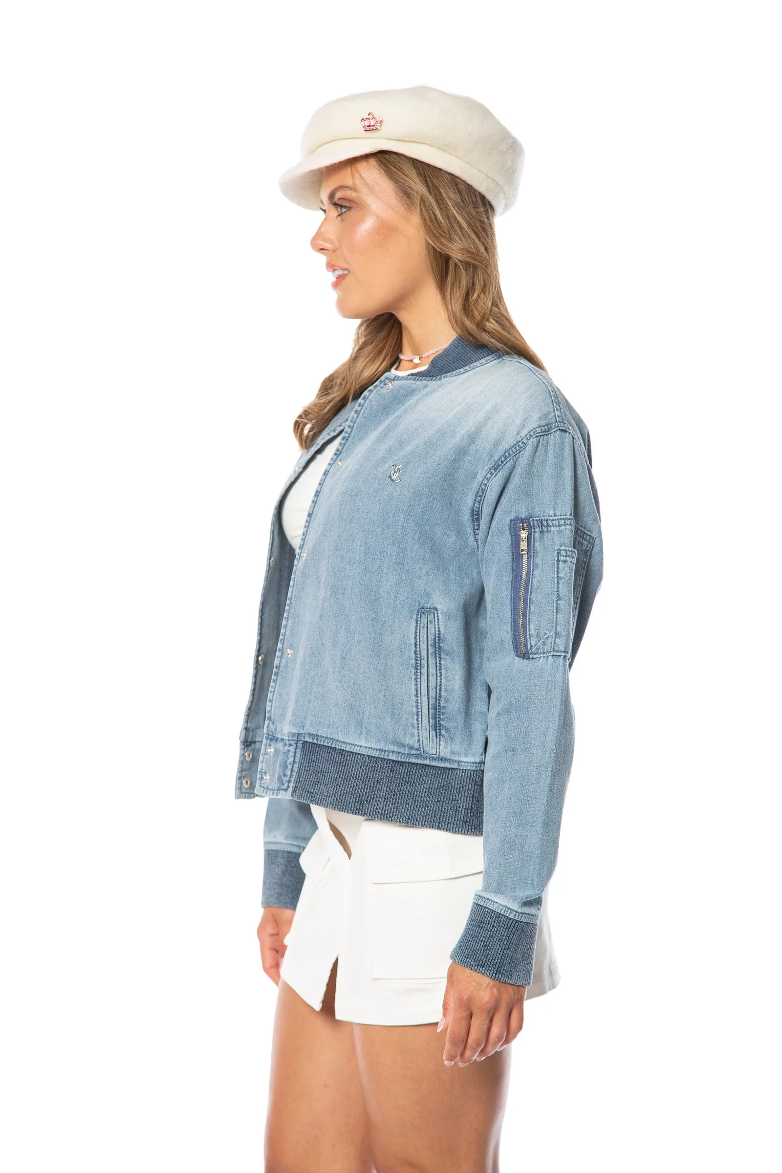 Denim Bomber Jacket with Ribbed detail