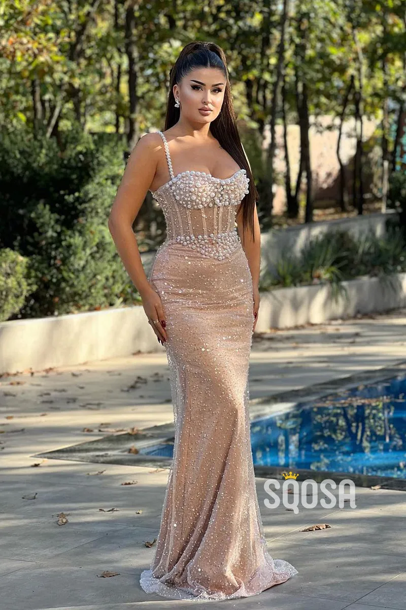 Elegant & Luxurious Pearls Straps Beaded Long Prom Dress Evening Gowns QP3168