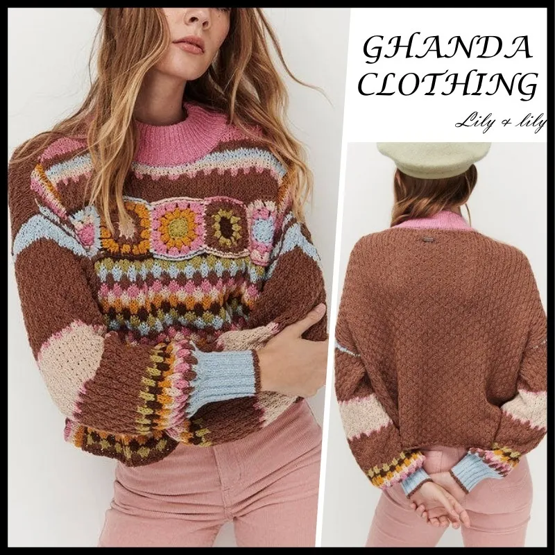 GHANDA CLOTHING  |Casual Style Street Style Long Sleeves V-neck & Crew neck