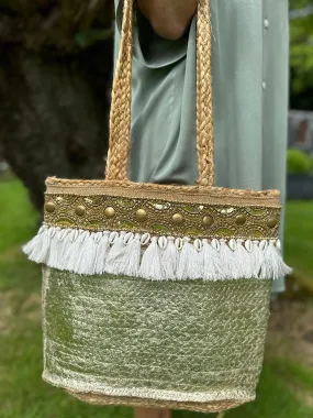 Gold Metallic Embellished Straw Weave Bag