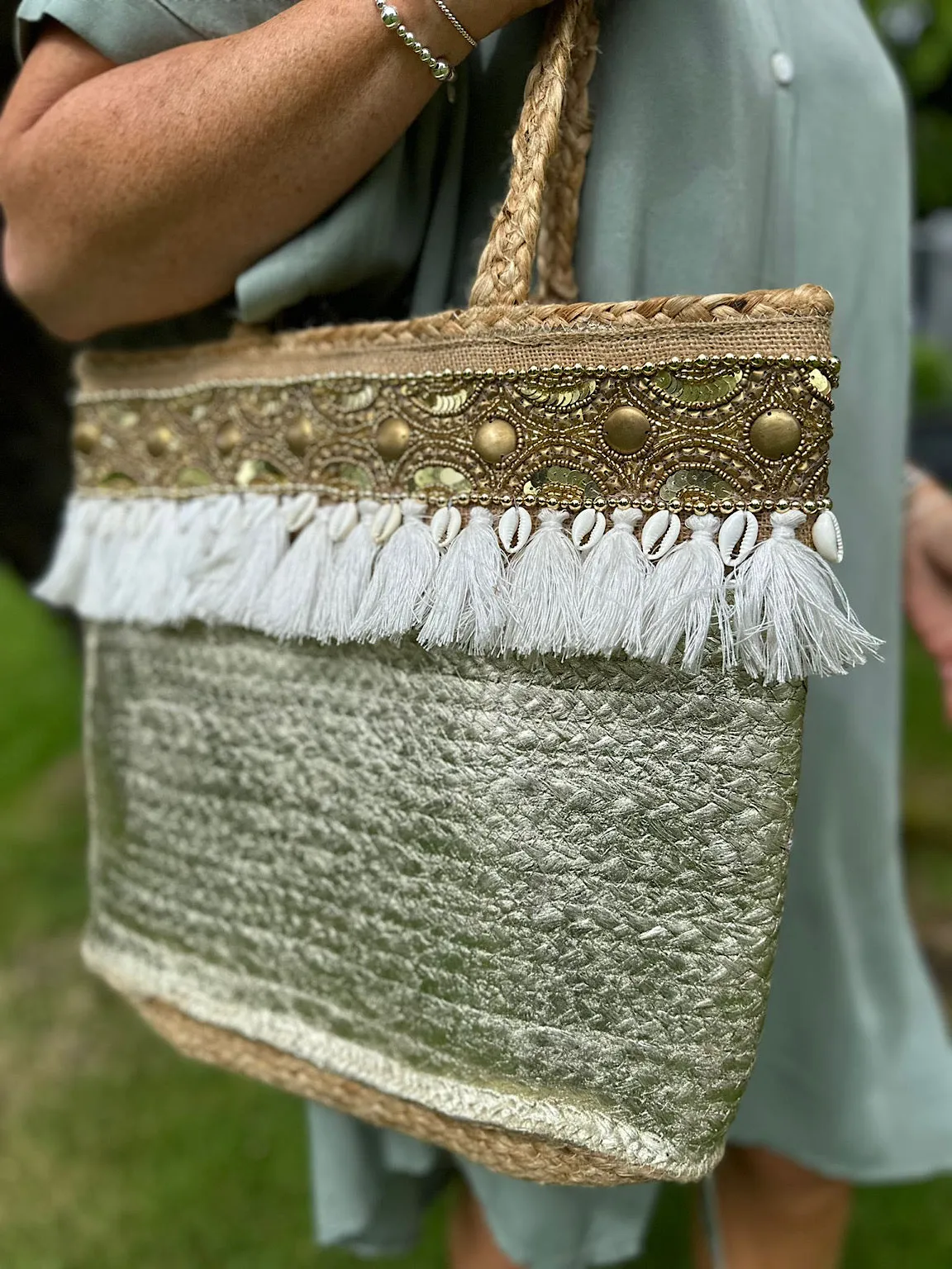 Gold Metallic Embellished Straw Weave Bag