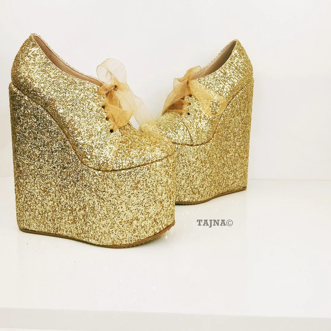 Gold Shinny Lace Up Shinny Wedge Platform Shoes