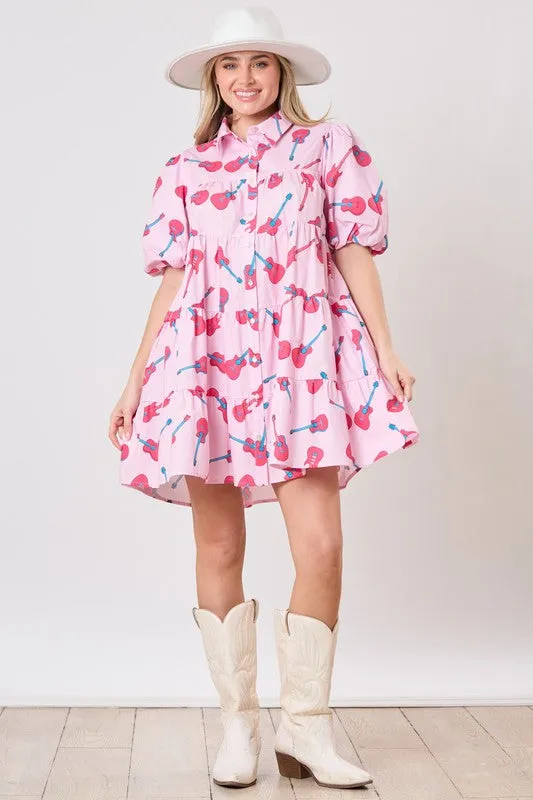 Guitar Print Poplin Dress