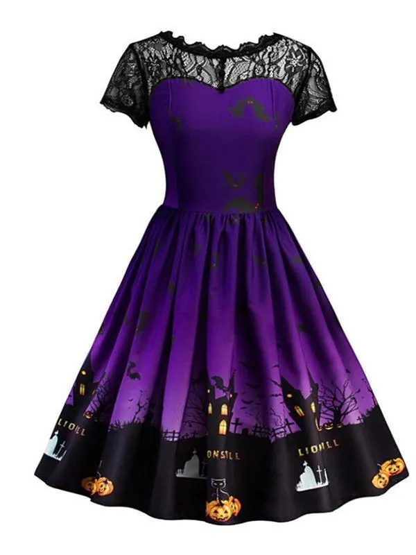 Halloween Lace Print Crew Neck Dress