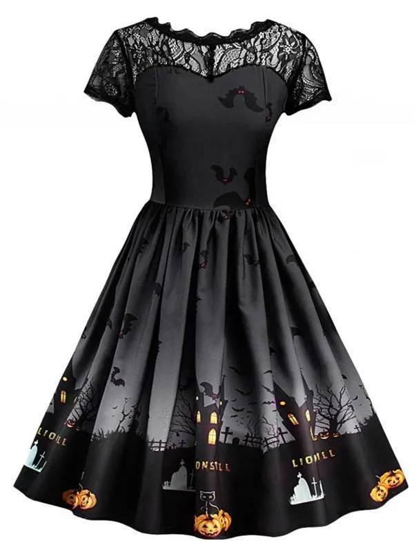 Halloween Lace Print Crew Neck Dress